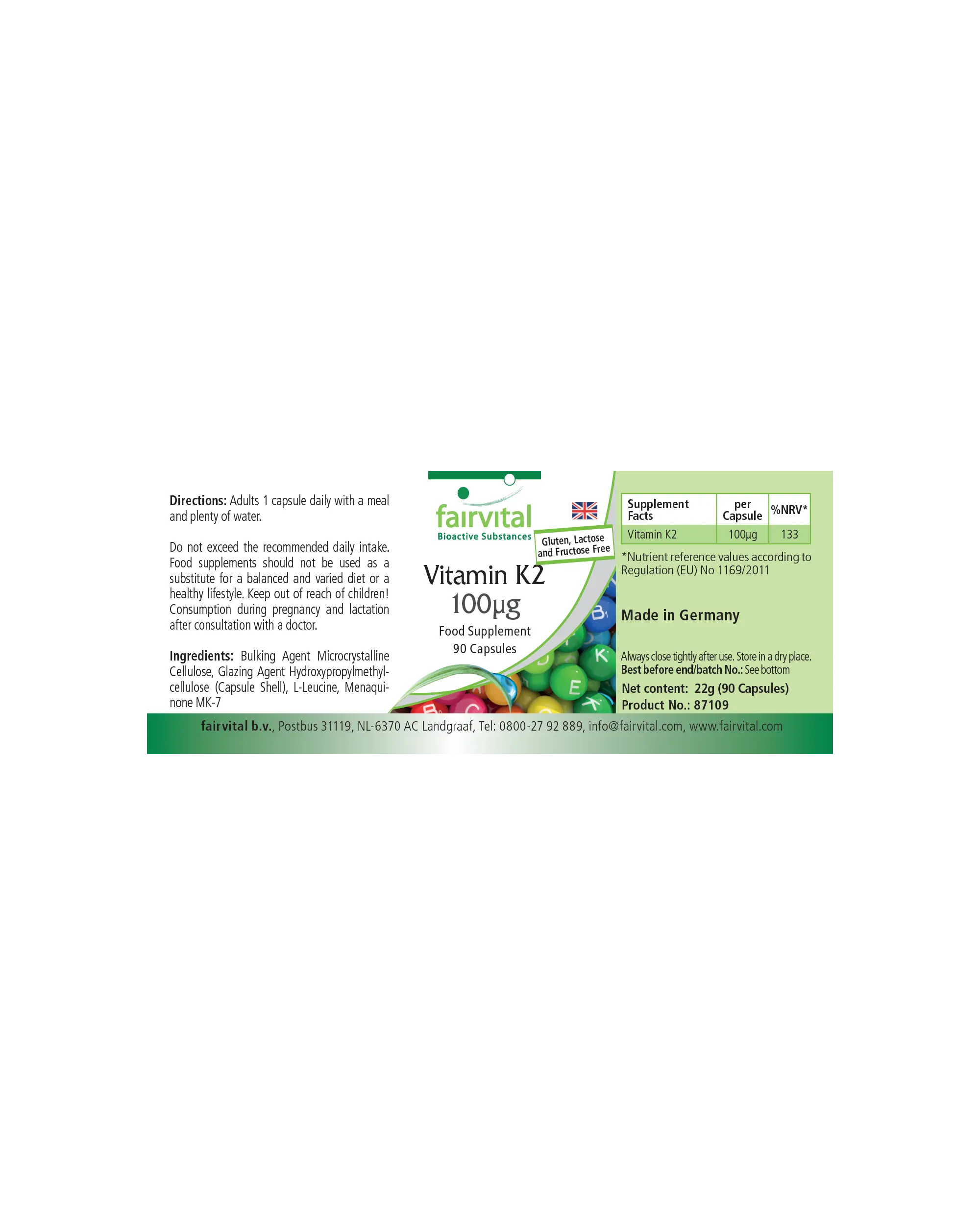 Vitamin K2 100 µg - 90 capsules - over 100% daily requirement